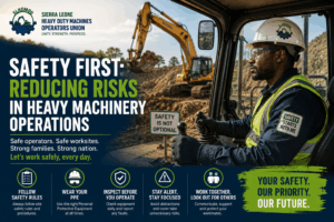 Worker in a high-visibility vest and hard hat operates heavy machinery on a construction site; safety message text overlays emphasize reducing risks in heavy machinery operations.